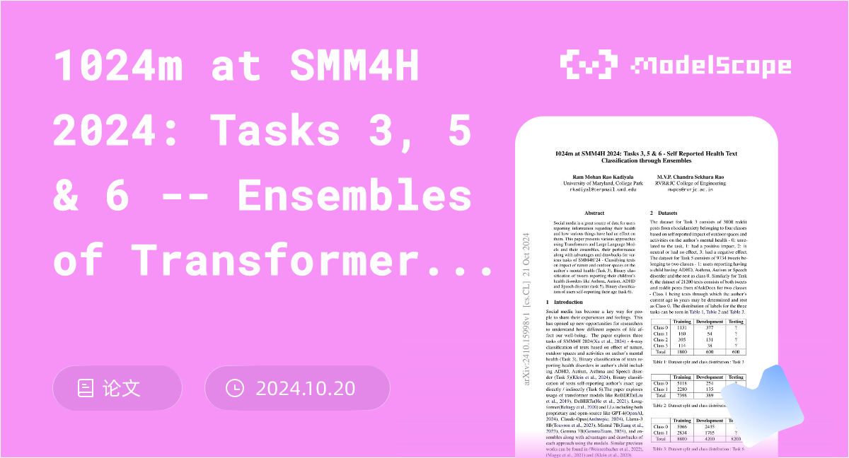 1024m at SMM4H 2024: Tasks 3, 5 & 6 -- Ensembles of Transformers and ...